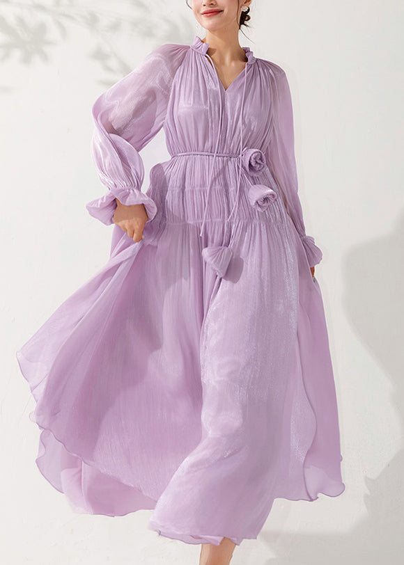 Light Purple Ruffled Lace Up Silk Long Dress Fall