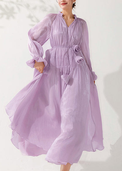 Light Purple Ruffled Lace Up Silk Long Dress Fall