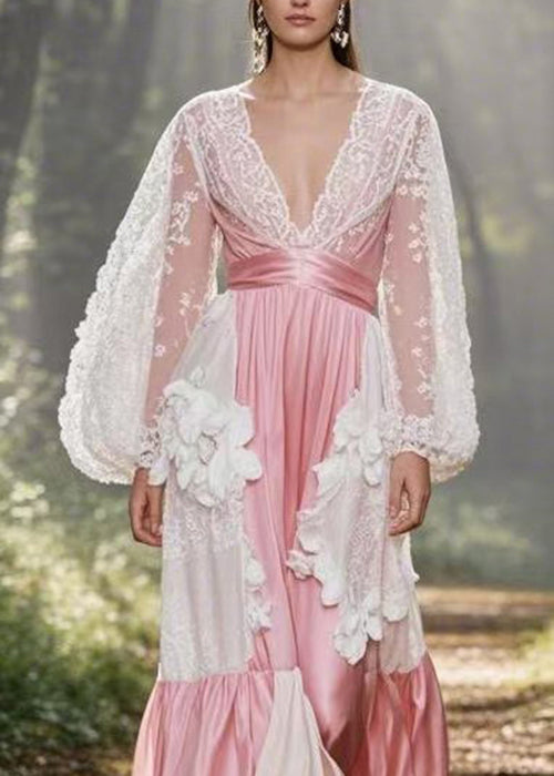 French Pink V Neck Lace Patchwork Silk Dress Spring