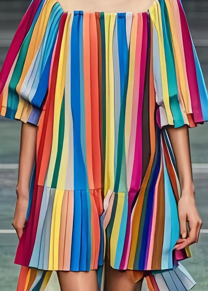Rainbow Square Colla Striped Chiffon Tea Dress Summer