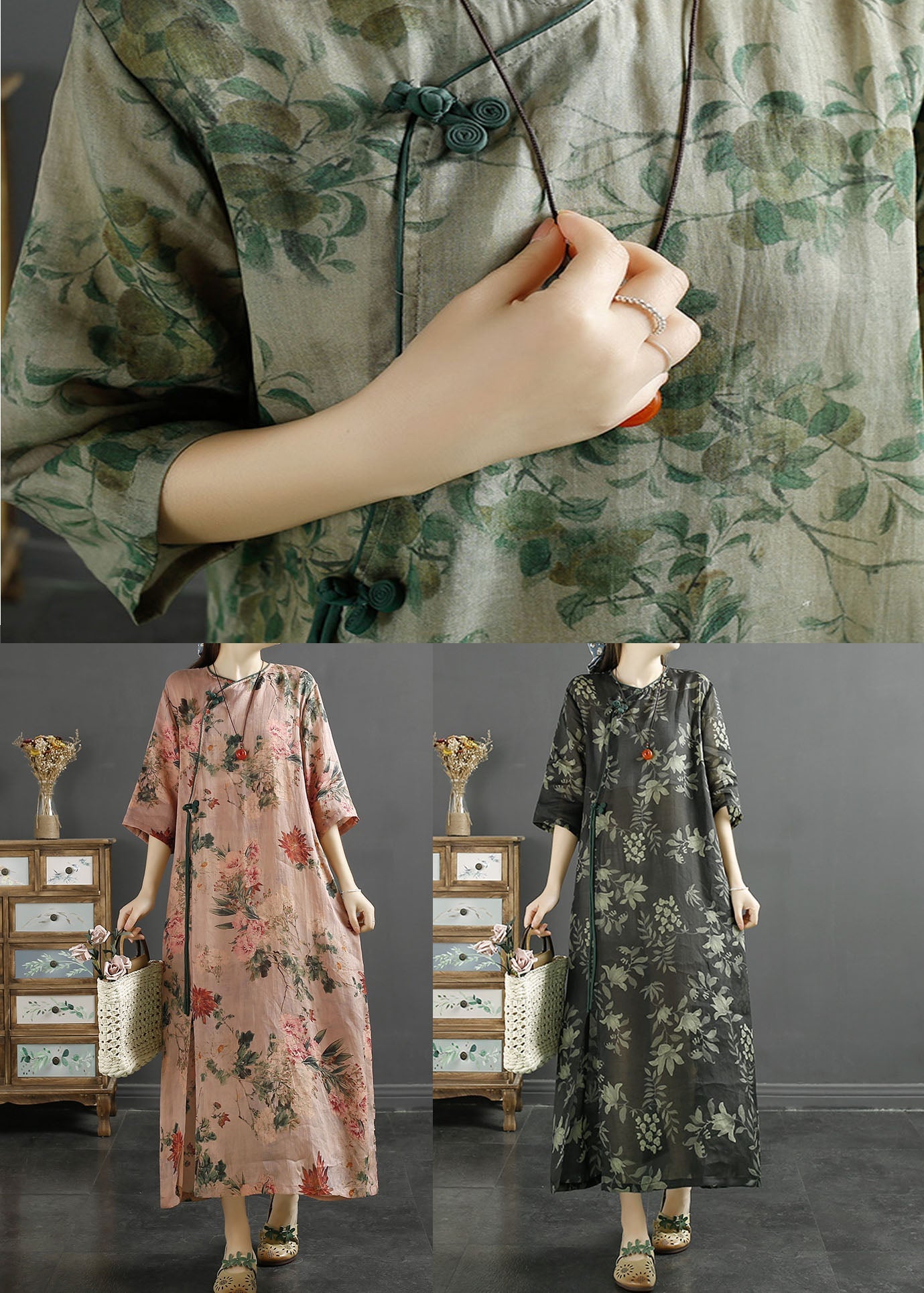 Pink Tasseled Print Patchwork Linen Dresses Summer