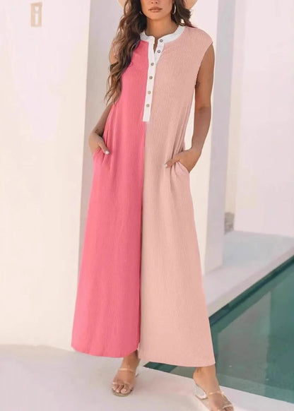 Pink Pockets Patchwork Cotton Jumpsuit Sleeveless