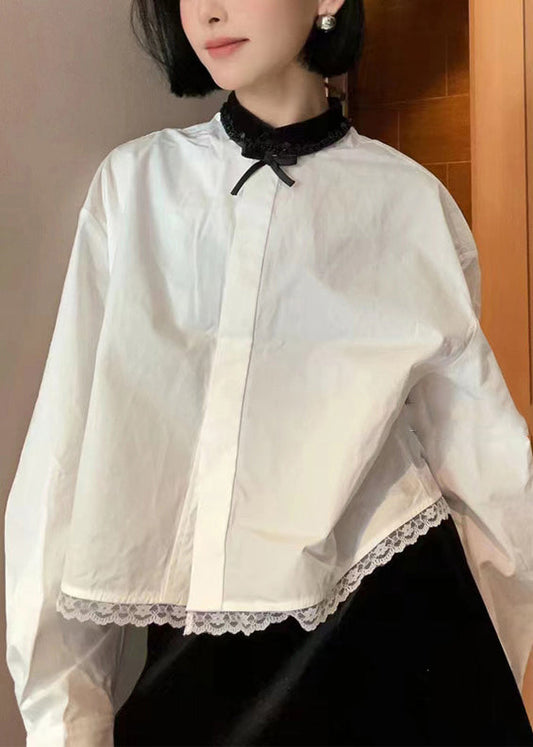 French White Lace Patchwork Cotton Blouse Long Sleeve
