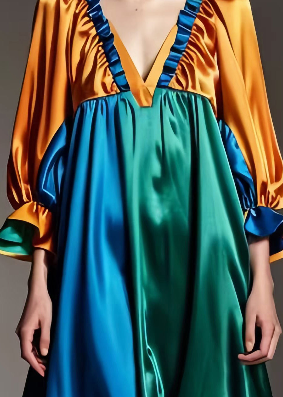 Brown Ruffled Patchwork Draping Silk Dress Spring