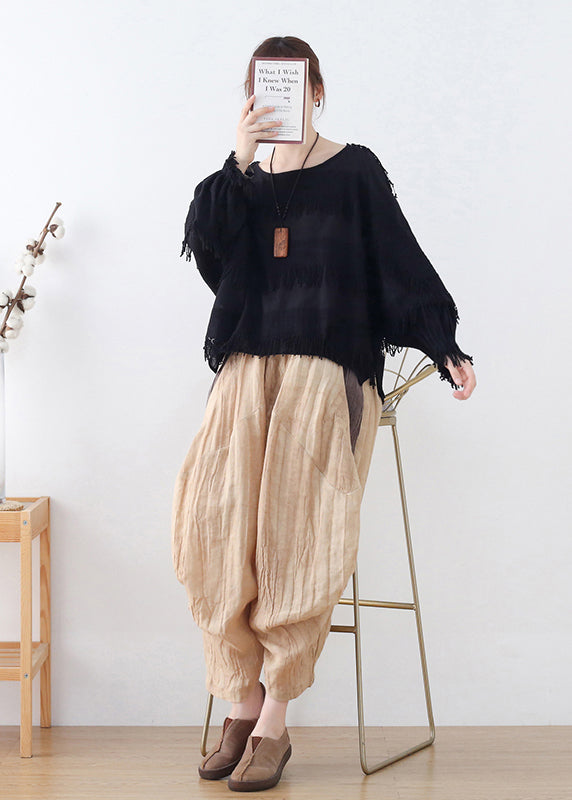 Black Original Design O-neck Cotton Tops Lantern Sleeve
