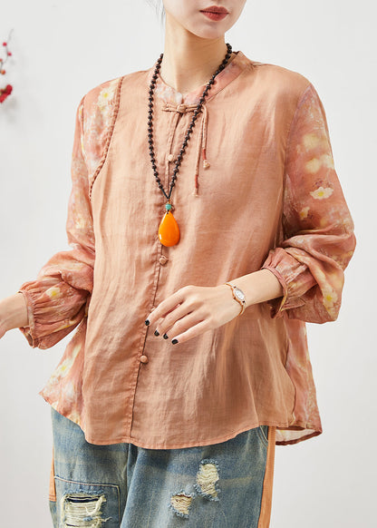 Orange Mandarin Collar Patchwork Cotton Shirt Summer