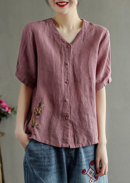 Loose Pink V Neck Embroideried Summer Cotton Blend Shirt