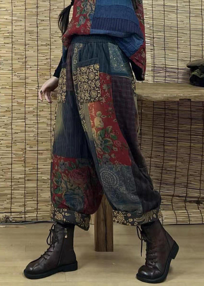 Unique Black Elastic Waist Pocket Patchwork Cotton Pants Spring