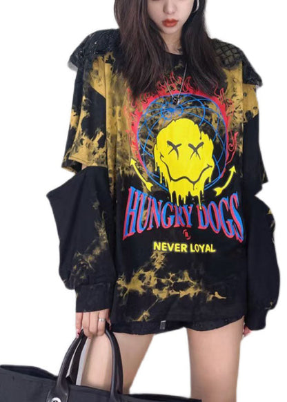 Black Print Patchwork Tie Dye Sequins Fall Sweatshirt