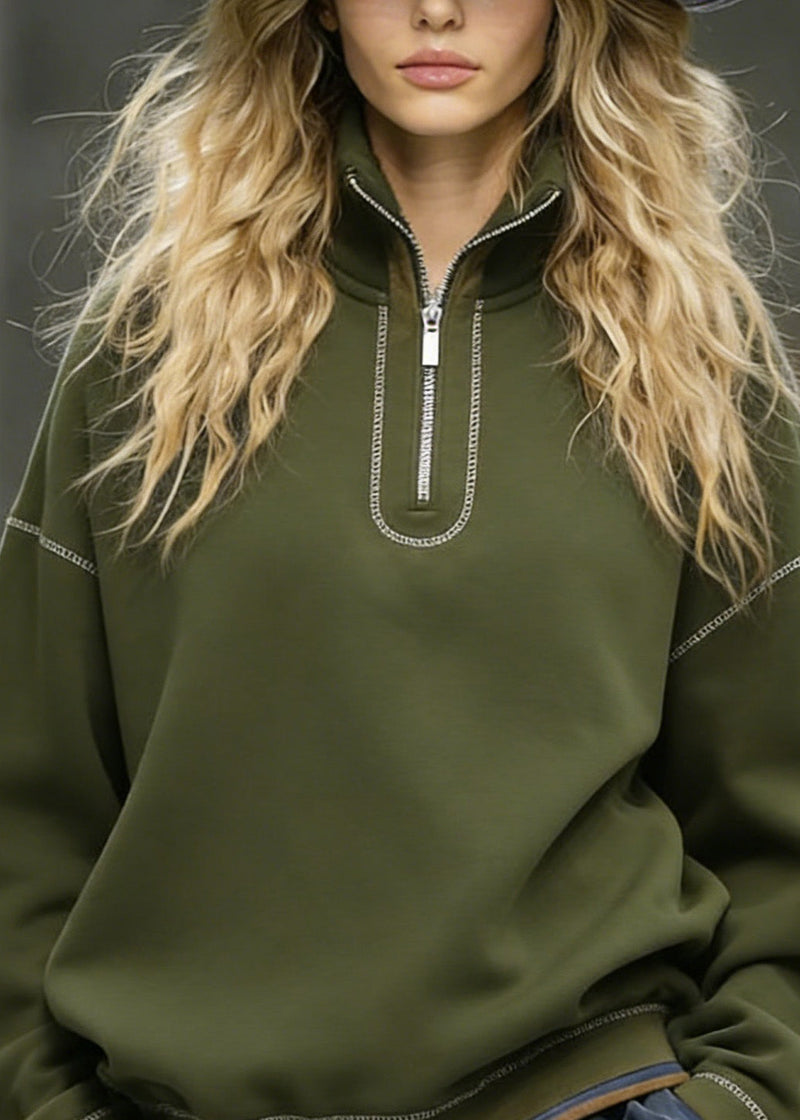 Italian Zip Up Patchwork Cotton Sweatshirts Top Spring