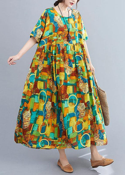 Green O-neck Print Summer Patchwork Robe Dresses Half Sleeve