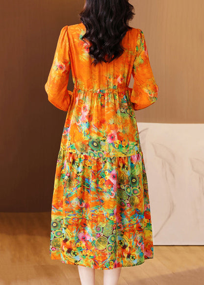 Orange Ruffled Print Patchwork Silk Long Dress Spring