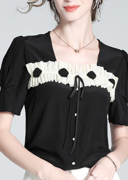 Black Square Collar Patchwork Silk Top Summer