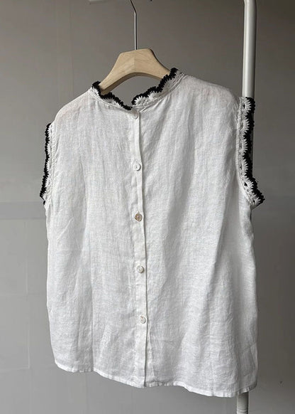 Back Button Down Patchwork Lace Linen Tops Sleeveless