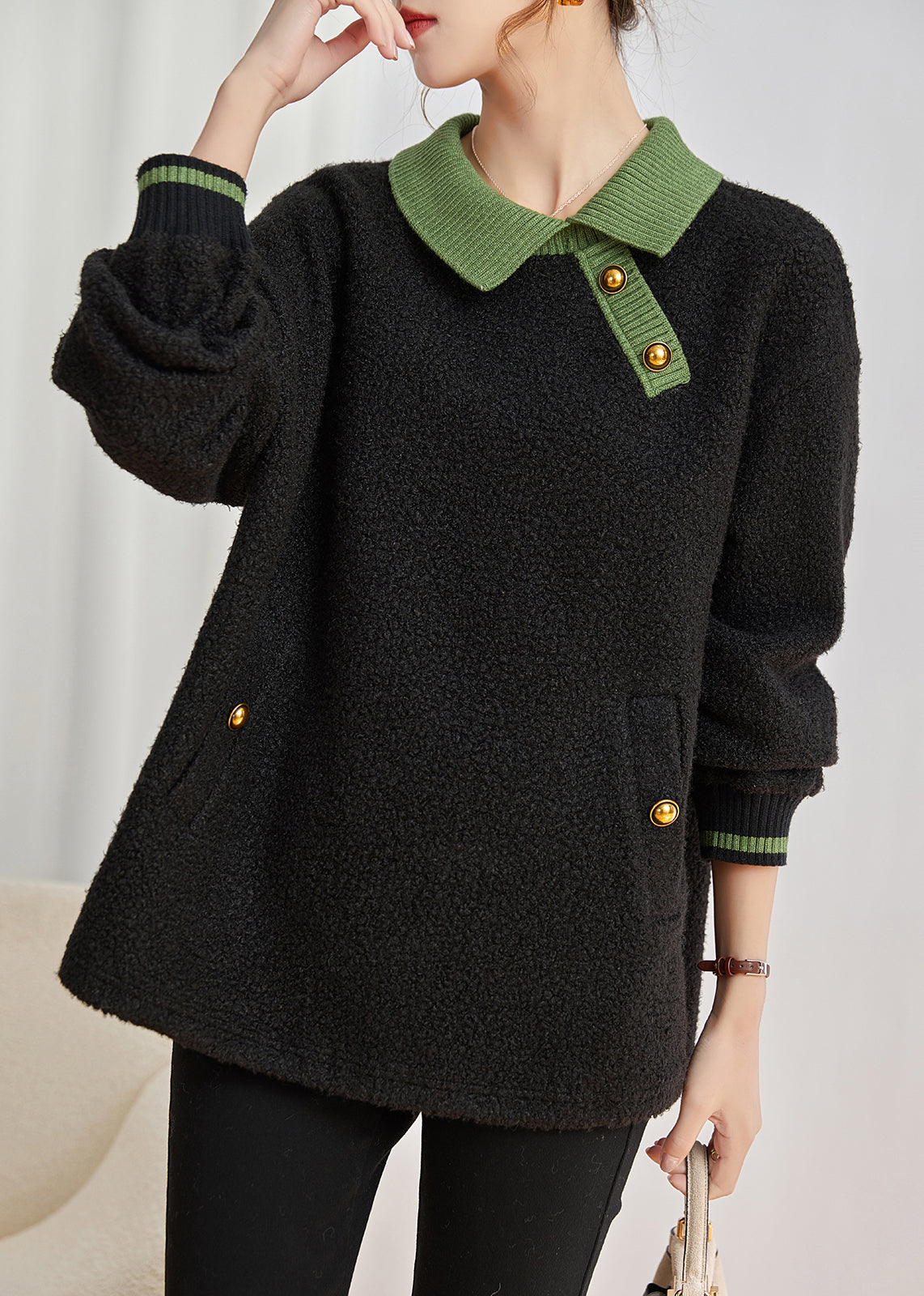 Black Peter Pan Collar Patchwork Teddy Faux Fur Sweatshirts Top Winter