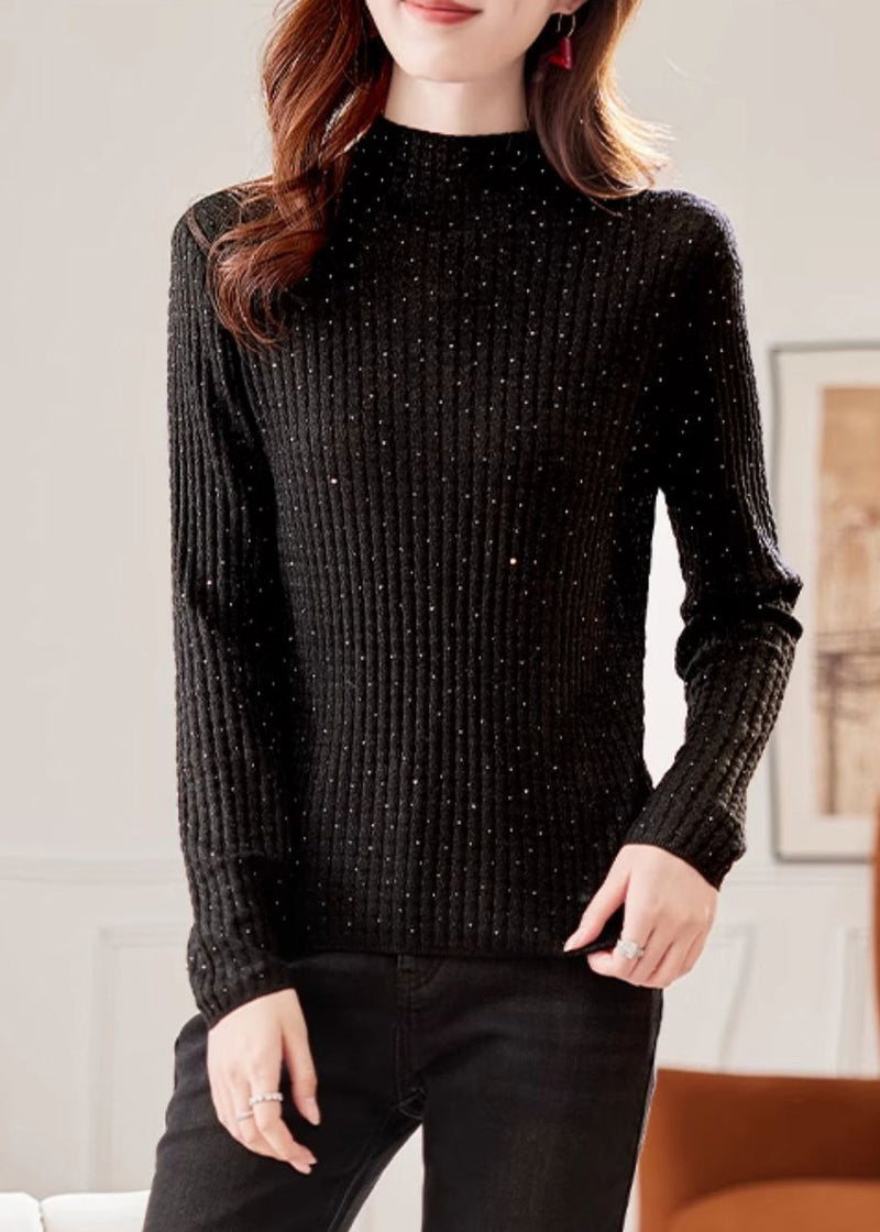 Handmade Black Turtleneck Zircon Knit Sweater Spring