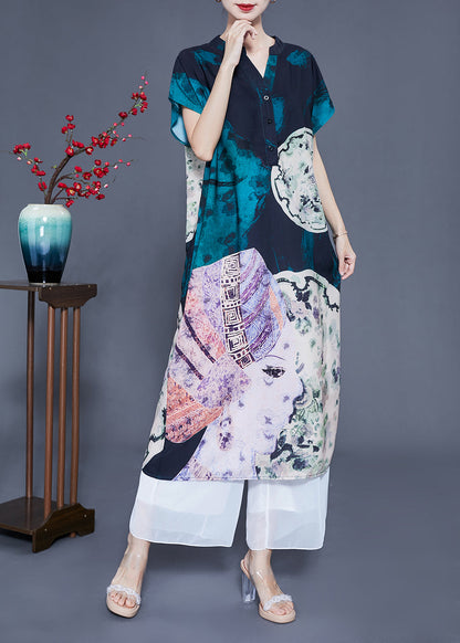 V Neck Original Design Print Silk Long Dress Summer