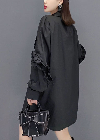 Black Peter Pan Collar Asymmetrical Ruffled Cotton Shirt Tops Spring