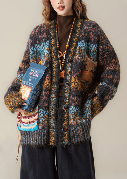 Gradient Color V Neck Button Patchwork Knit Coat Spring