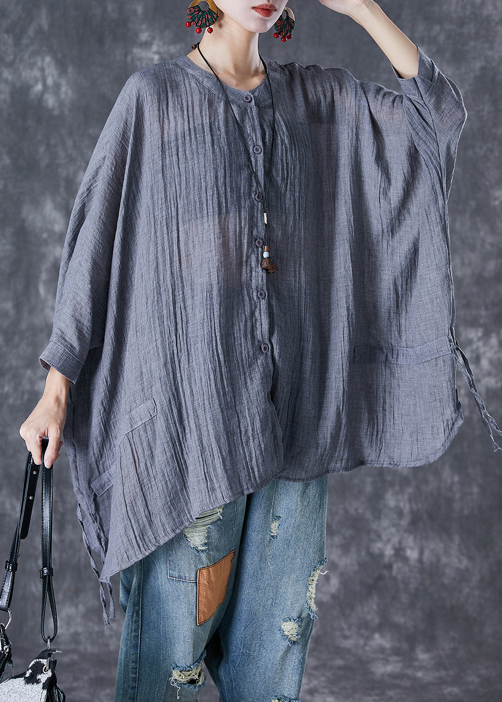Grey Oversized Linen Blouses Batwing Sleeve
