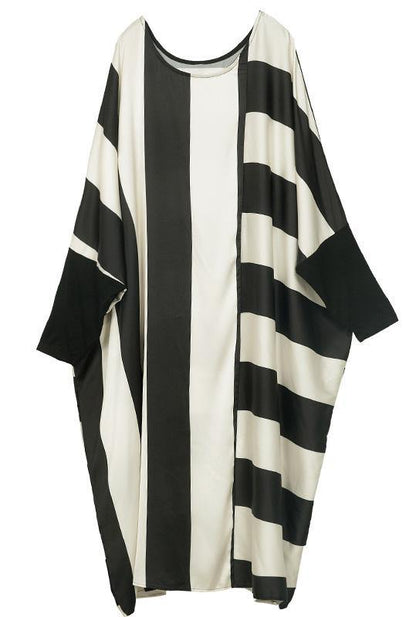 Style Black White Striped Chiffon Batwing Sleeve Spring Dress