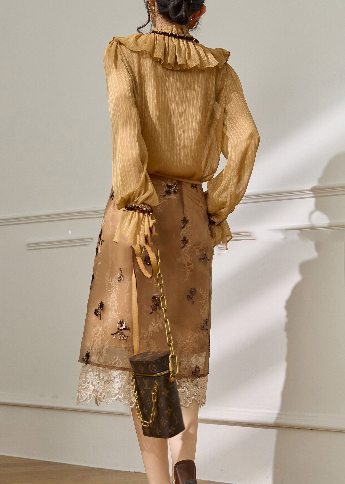 Brown Ruffled Patchwork Shirt Flare Sleeve