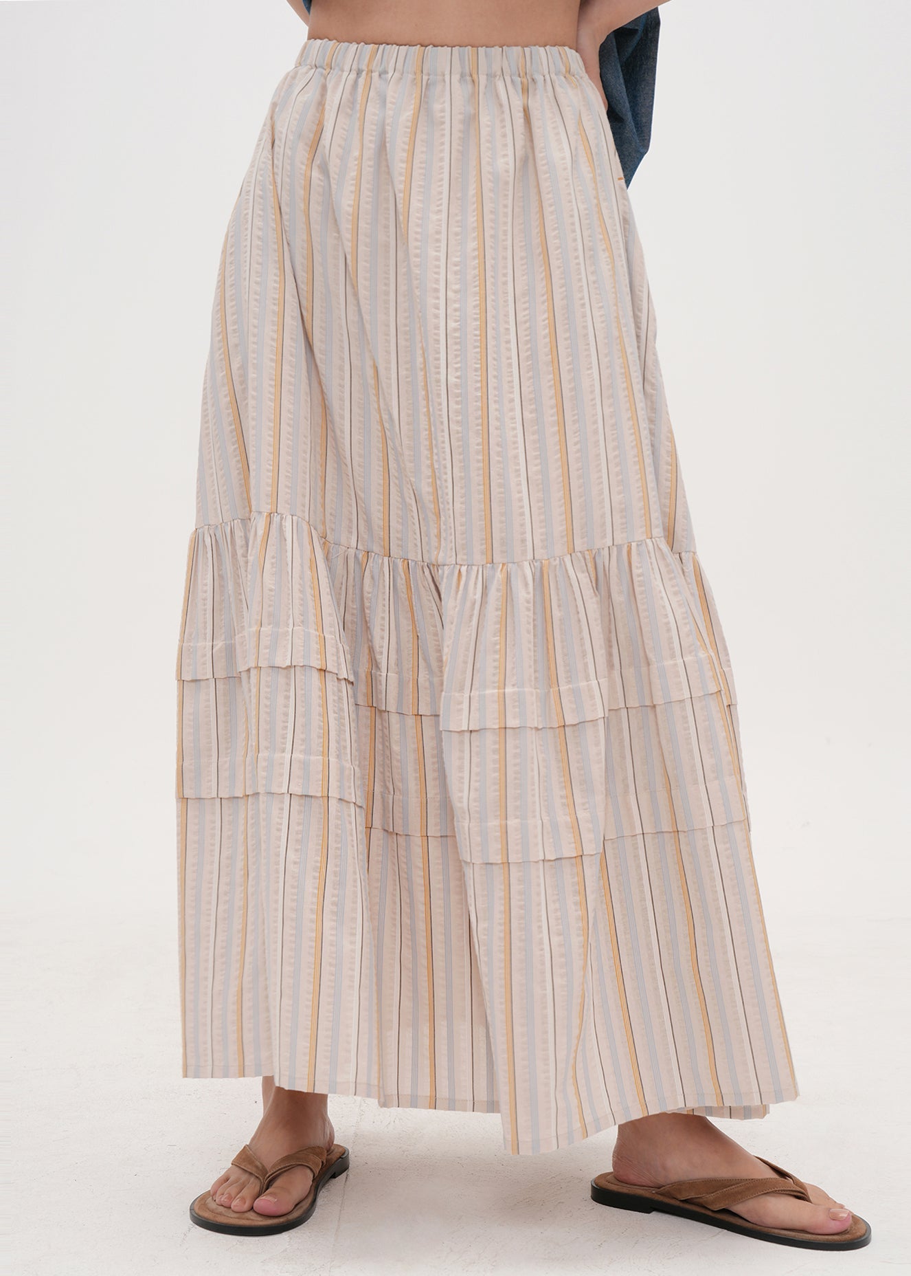 Apricot Striped Patchwork Cotton Skirt Summer