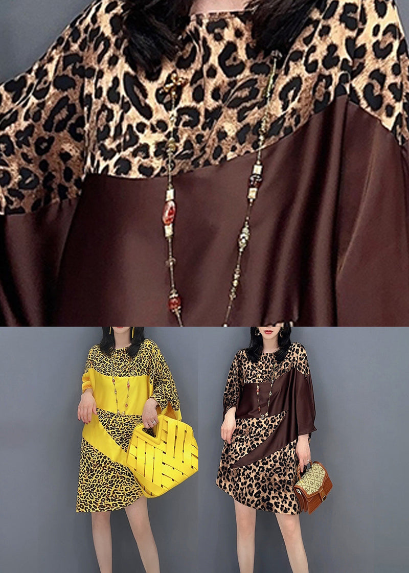 Chocolate O-neck Leopard Print Maxi Dresses Spring