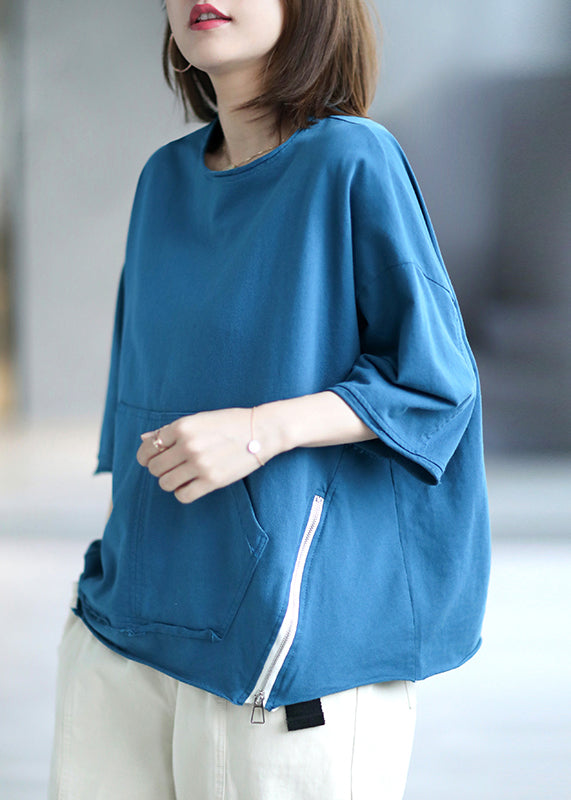 Style Lake Blue O-neck Zip Up Pockets Patchwork Loose Top Half Sleeve