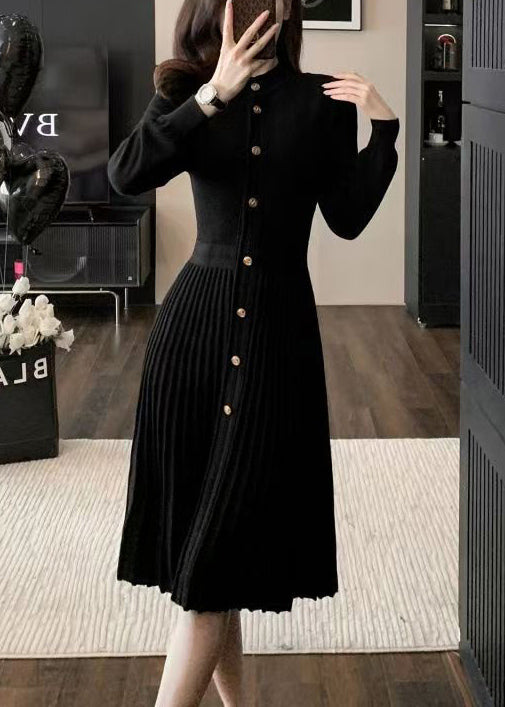 Blue O Neck Wrinkled Knit Sweaters Dress Winter