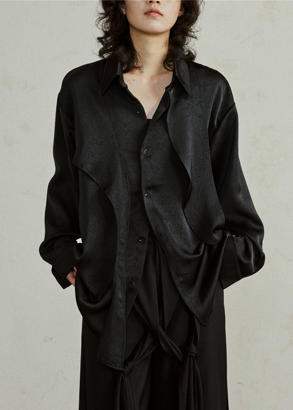 Black Asymmetrical Button Top Lantern Sleeve