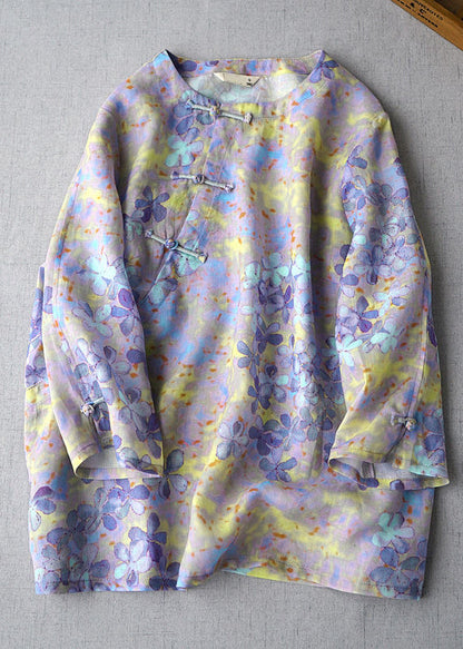 Purple O-neck Linen Shirt Top Three Quarter Sleeve
