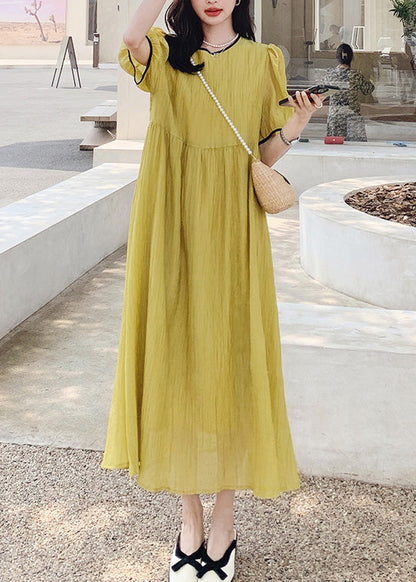 Yellow O Neck Patchwork Cotton Dress Summer