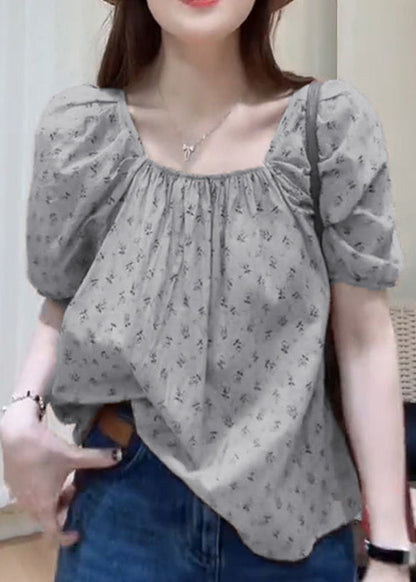 Khaki Square Collar Print Cotton Top Summer