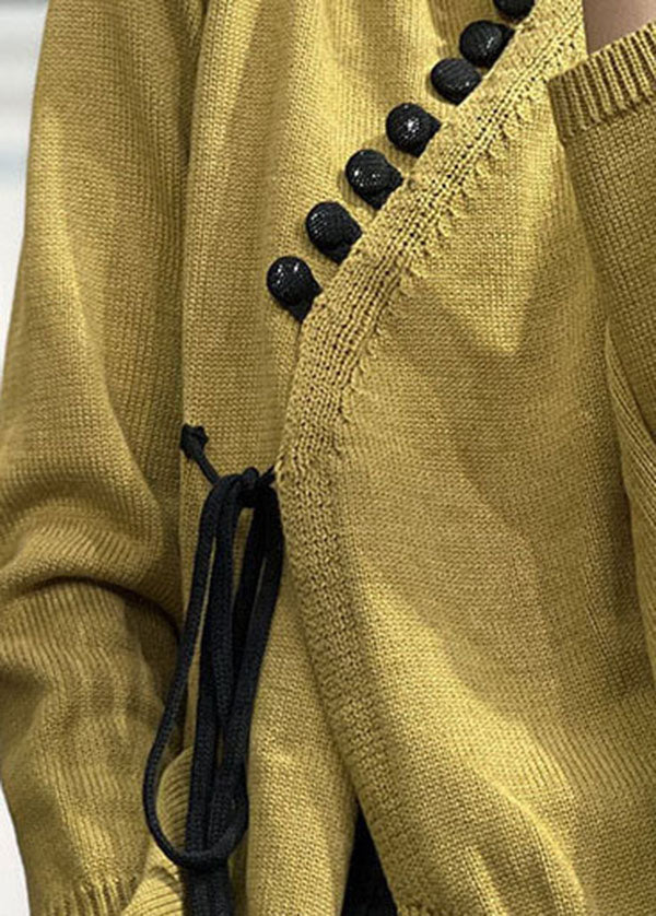 Yellow Asymmetrical Design Lace Up Knit Sweater Tops