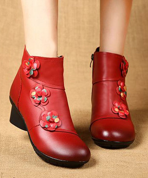Red Boots Chunky Cowhide Leather Splicing