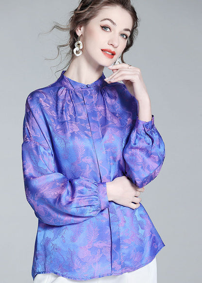Blue Wrinkled Patchwork Jacquard Silk Shirts Spring