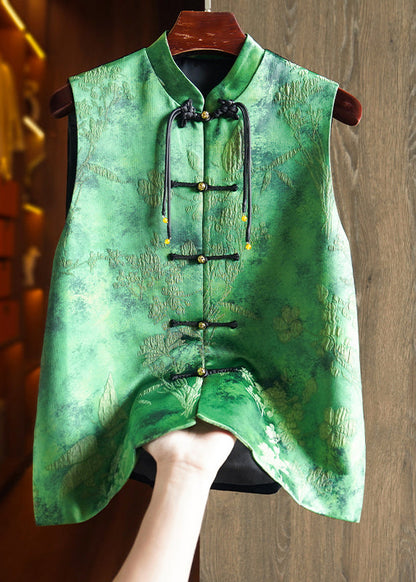 Green Tasseled Jacquard Patchwork Silk Vest Sleeveless