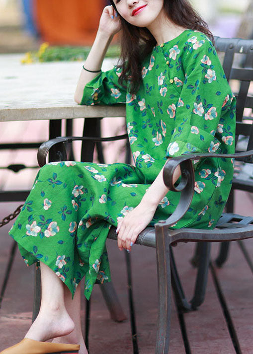 Green Print Side Open Linen Long Dress Spring