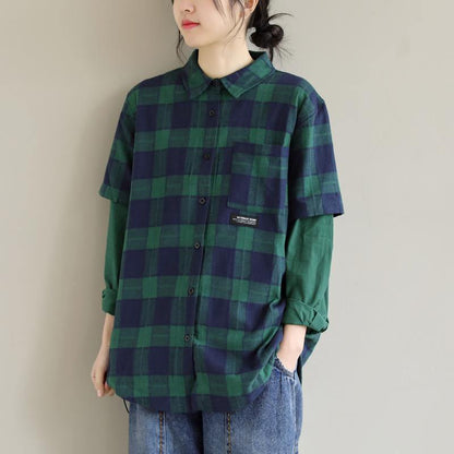 French Blue Green Plaid Tops Blouses Lapel False Two Pieces Shirts