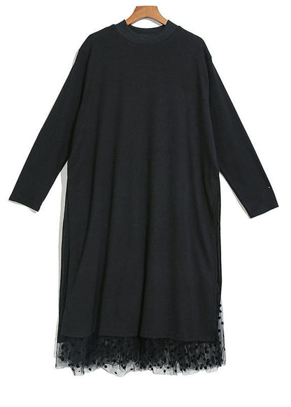 Black Asymmetrical Tulle Patchwork Cotton Maxi Dresses Spring