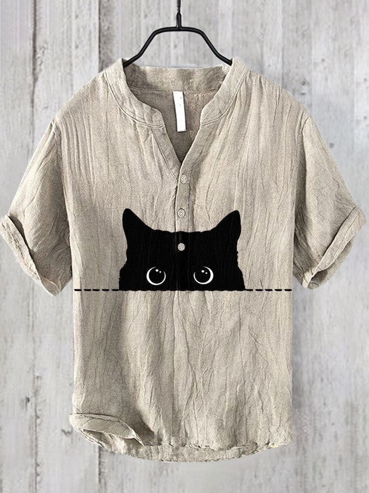 Japanese Art Black Cat Print Cotton Blend Shirt elevenforest