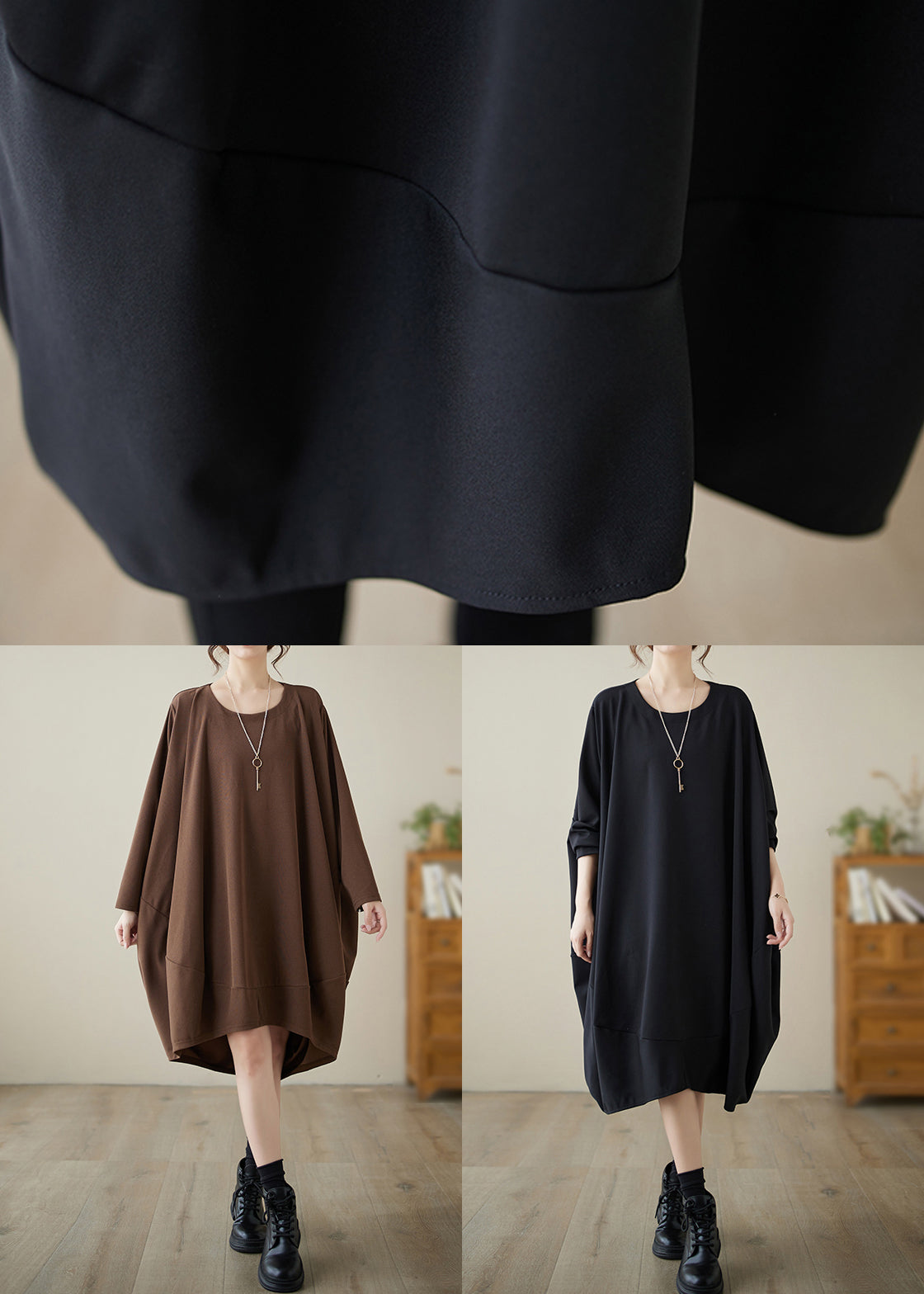 French Black O-neck Low High Design Cotton Dress Fall