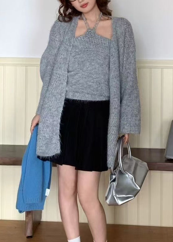 Grey Halter Knit Cardigan Two Pieces Set Winter