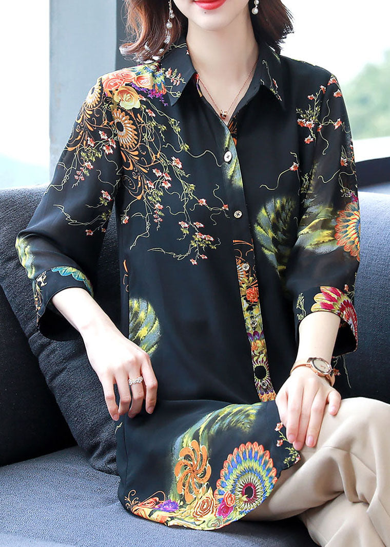Black Peter Pan Collar Print Button Chiffon Long Blouse Top Bracelet Sleeve
