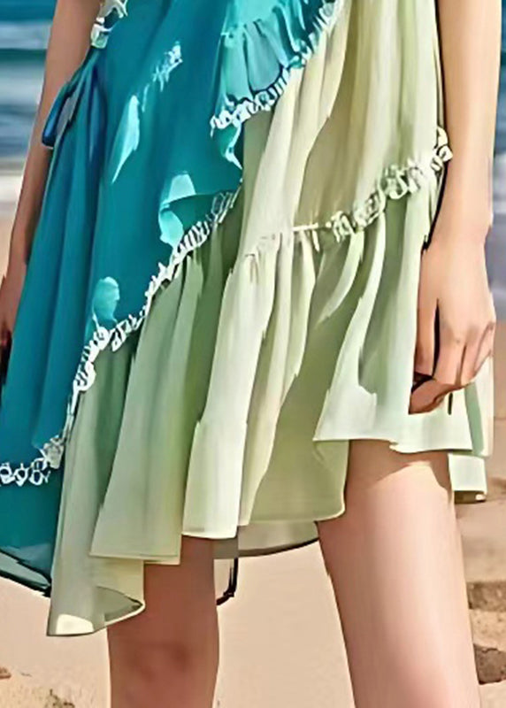 Colorblock Asymmetrical Patchwork Ruffled Linen Dresses Summer