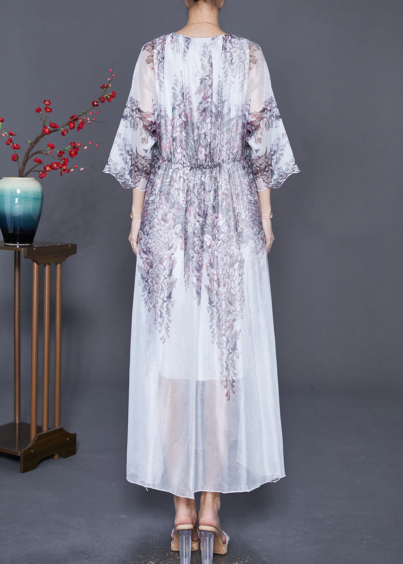 White Cinched Print Silk Long Dress Summer
