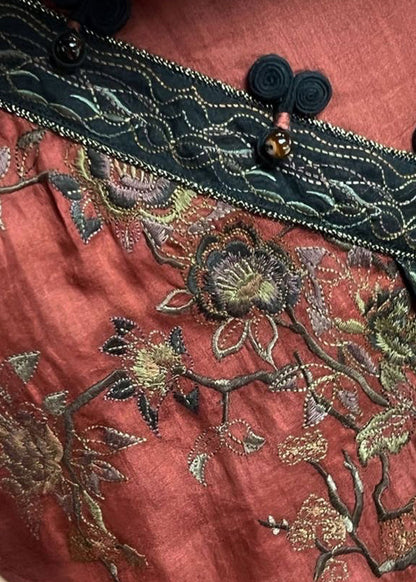 Red V Neck Embroidered Side Open Linen Dress Summer