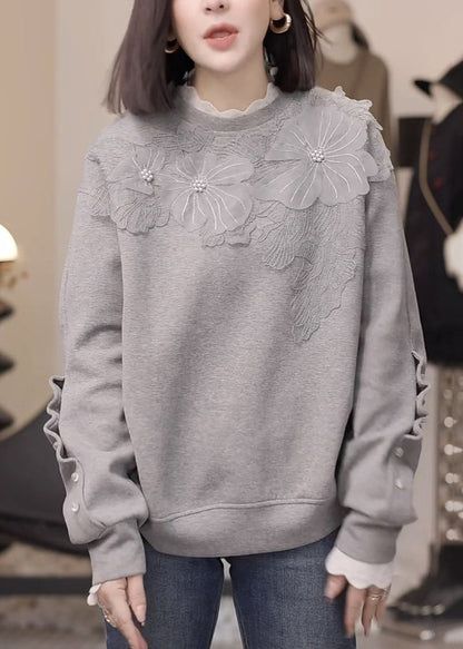 Grey Nail Bead Loose Cotton Sweatshirt Fall