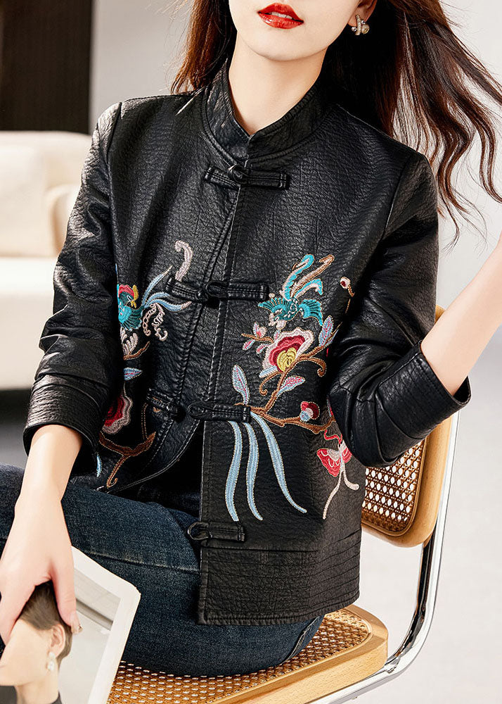 Classy Black Stand Collar Embroideried Faux Leather Coats Long Sleeve